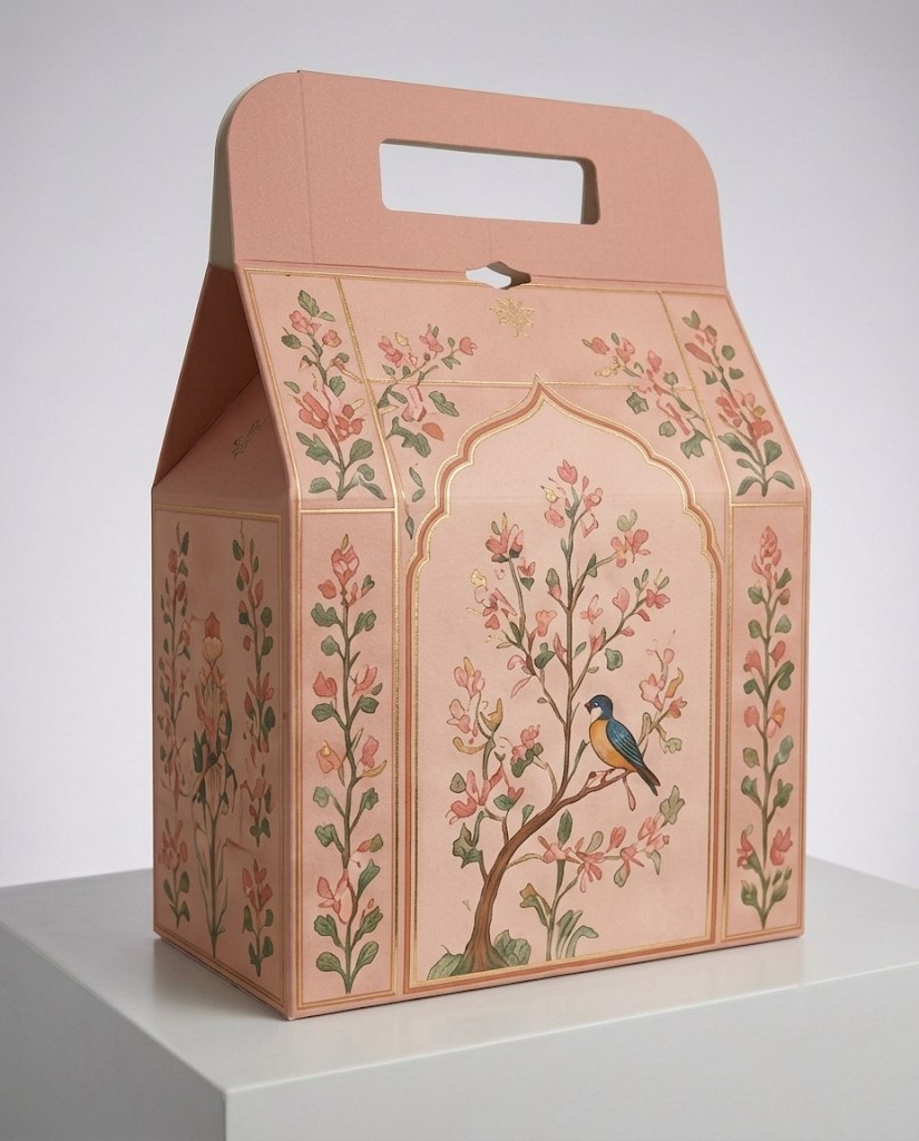 Dusty rose gable gift box with a flowering tree and a small bird inside a gold arch, on a white plinth