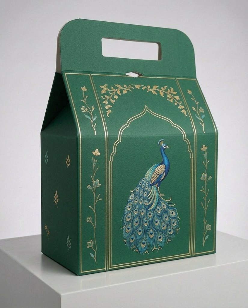 Deep emerald gable gift box with a peacock inside a thin gold arch and small botanical motifs, on a white plinth