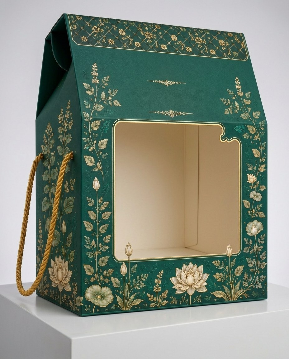 Window gift box in deep emerald with gold lotus vines climbing around the window on a white plinth