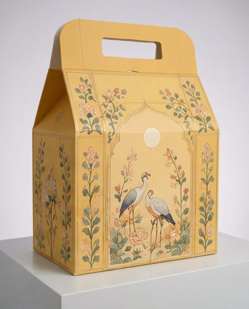 Butter yellow gable gift box with two cranes among flowering reeds inside a gold arch, on a white plinth