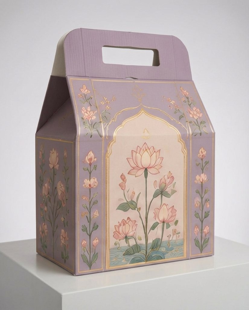 Dusty lavender gable gift box with a pink lotus and buds inside a fine gold arch, on a white plinth