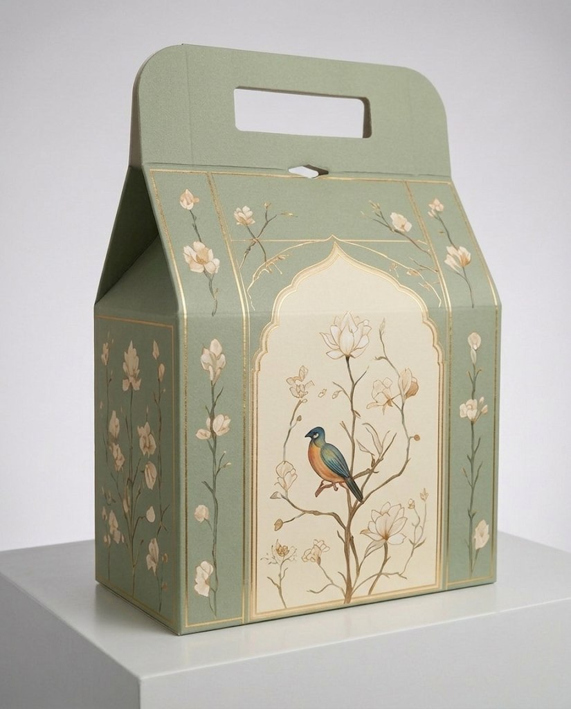 Sage green gable gift box with a bird on flowering branches inside a thin gold Mughal arch, on a white plinth