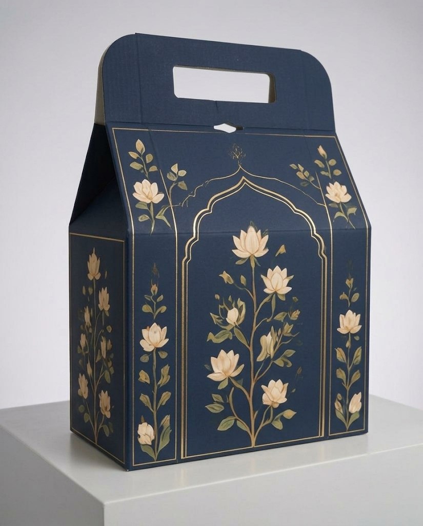 Midnight navy gable gift box with ivory lotus blooms inside a thin gold arch, on a white plinth