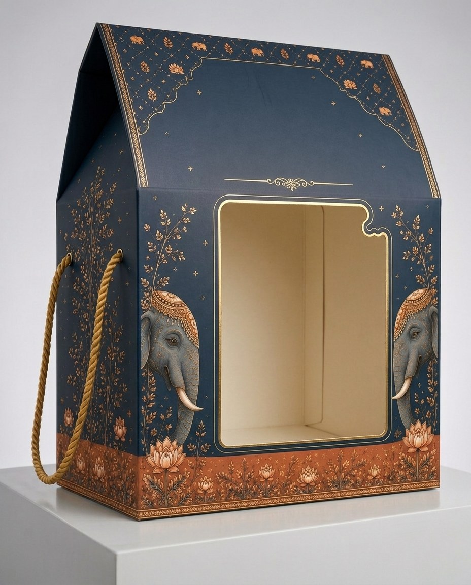 Window gift box in midnight navy with painted elephants, a gold palace border and a terracotta lotus base on a white plinth