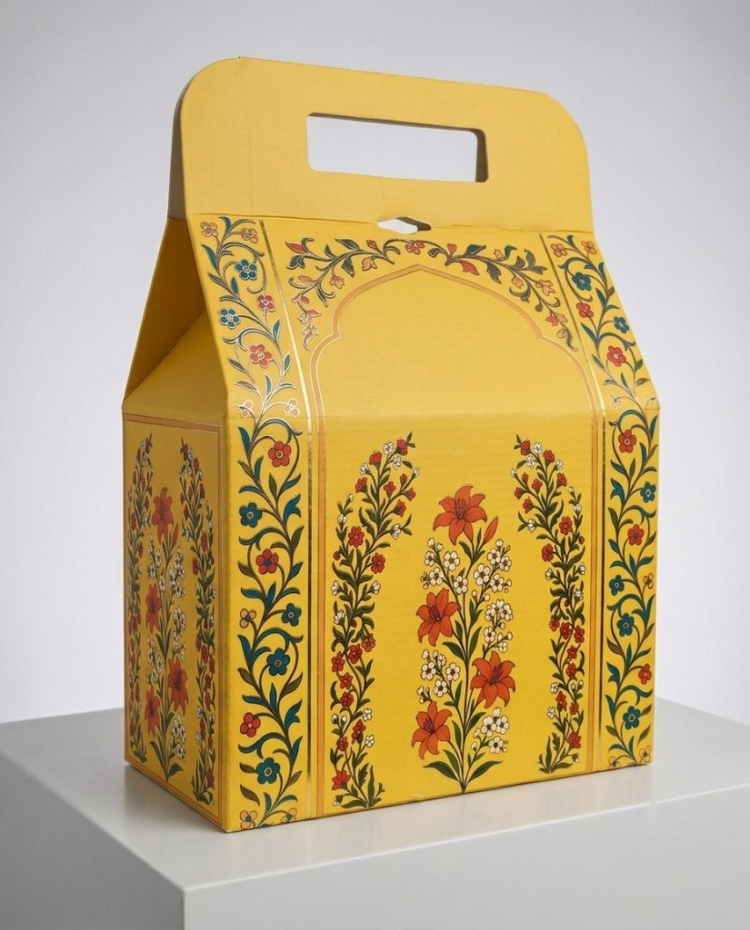 Mustard yellow gable gift box with red lilies and white blossoms inside a painted Mughal arch, on a white plinth