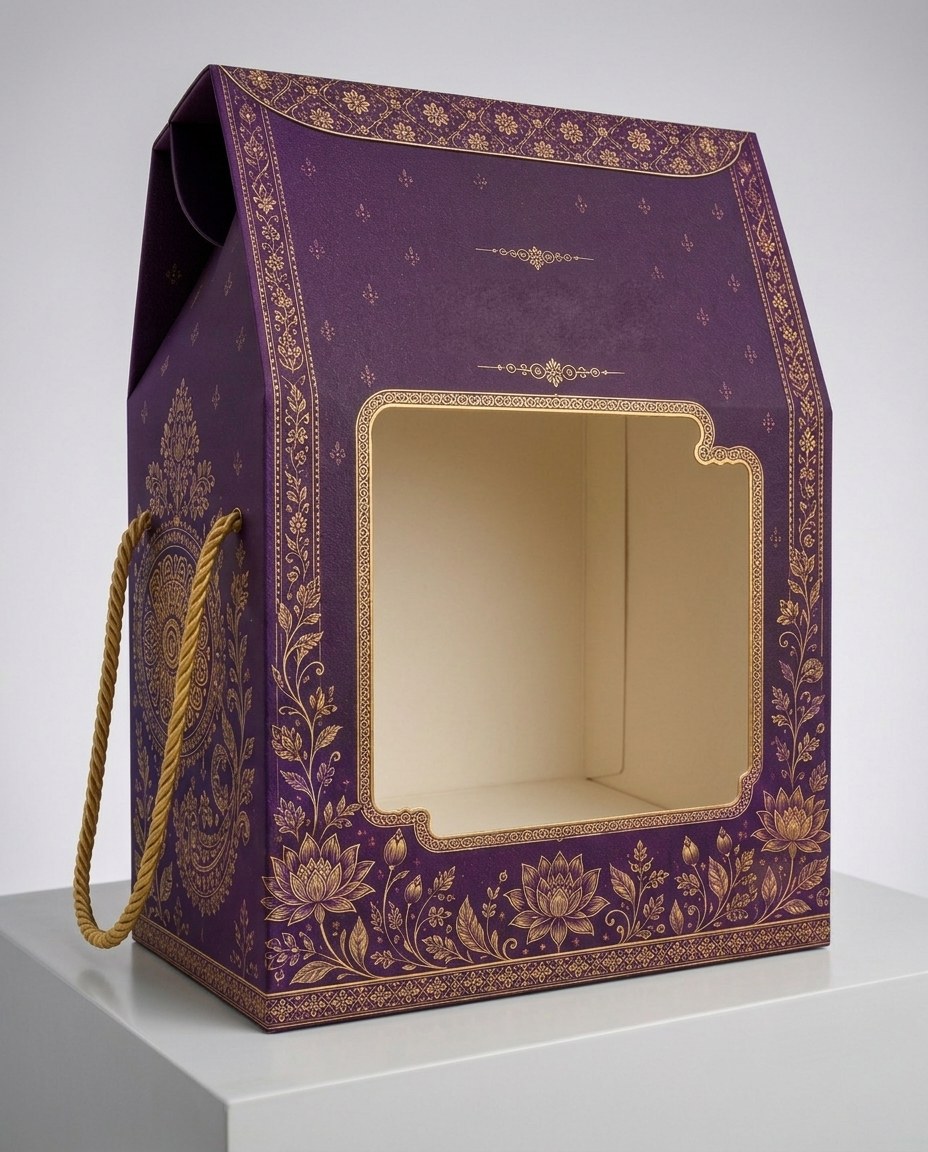 Window gift box in royal purple with gold paisley and lotus filigree on a white plinth