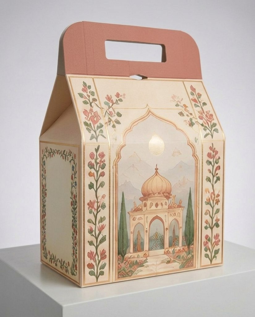 Ivory and blush gable gift box with a painted domed pavilion and cypress trees inside a gold arch, on a white plinth