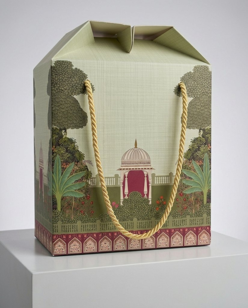 Pistachio green gift box printed with a palace garden and domed pavilion, with a gold rope handle, on a white plinth
