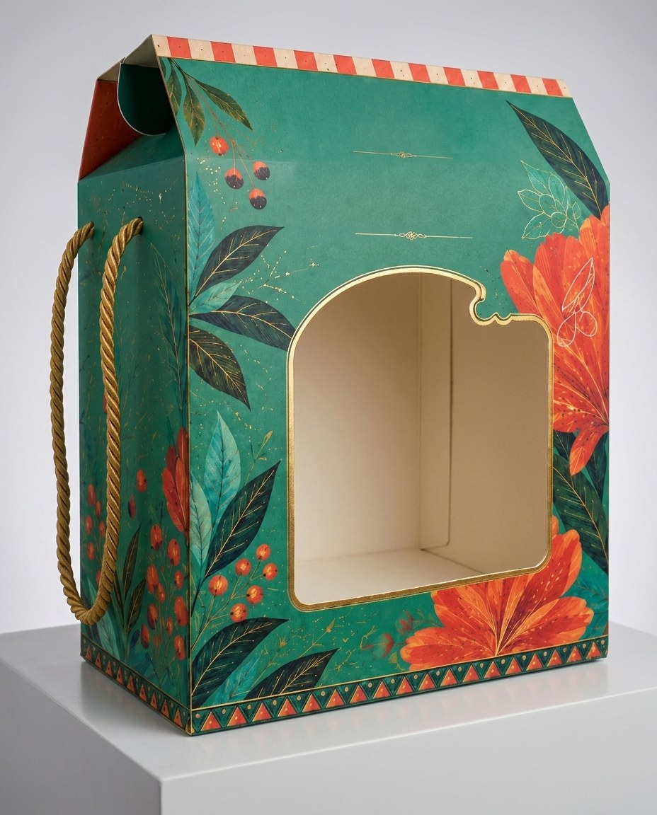 Window gift box in teal with painted red hibiscus, dark leaves and a striped top on a white plinth