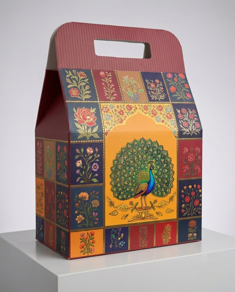 Gable gift box covered in Mughal floral tiles with a peacock on an orange arched panel and a maroon carry handle, on a white plinth