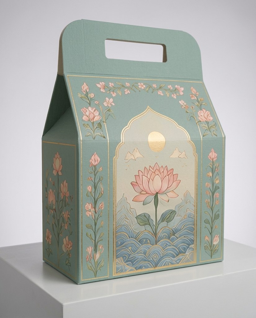 Sea green gable gift box with a pink lotus rising from painted waves inside a gold arch, on a white plinth