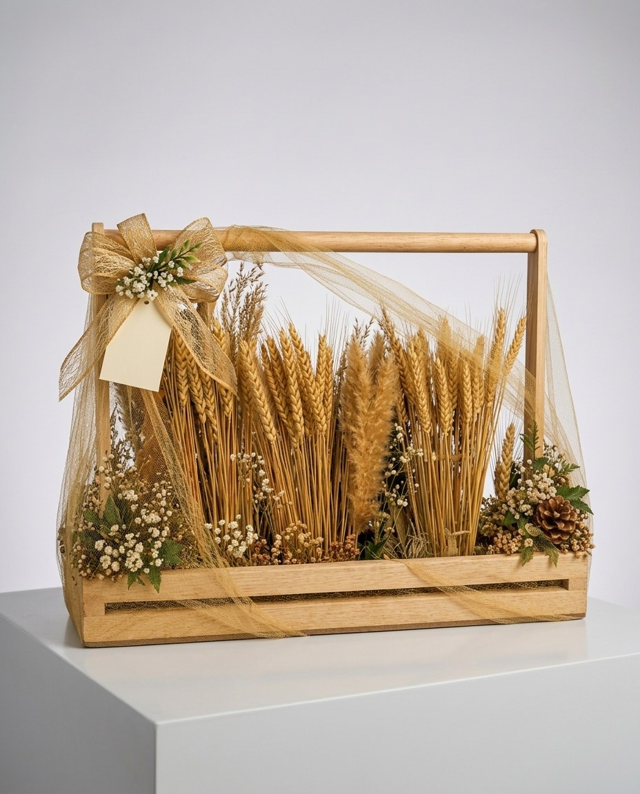 Wooden hamper crate wrapped in sheer gold netting with dried wheat and white flowers on a white plinth