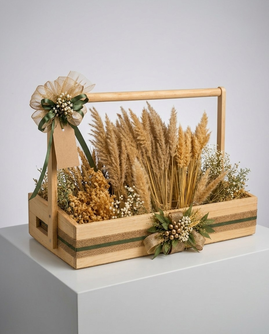Pine wood hamper crate with a handle, jute band, dried pampas, wheat and a ribbon bow on a white plinth