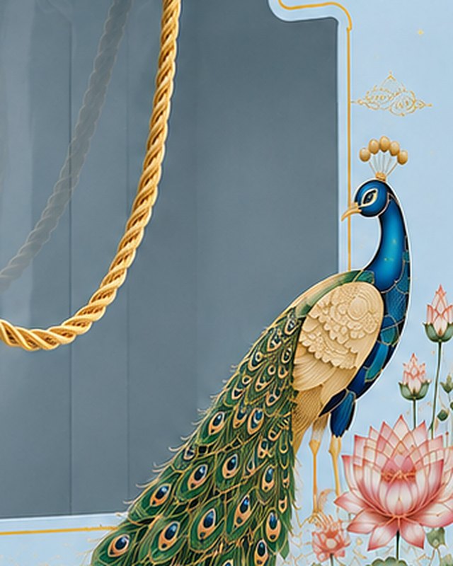 Close-up of an illustrated peacock, lotus flowers and a gold rope handle