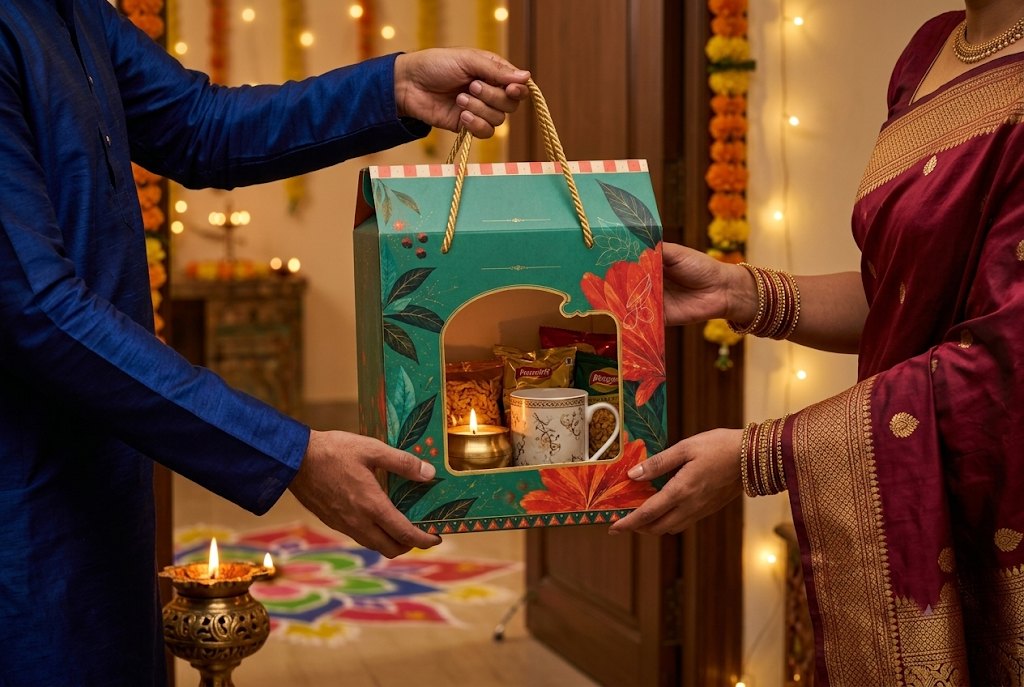 Two people passing a teal floral hamper box across a doorway decorated with marigolds, a rangoli and a lit diya