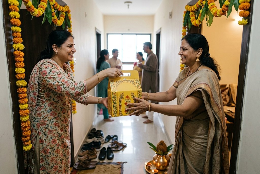 A guest handing a mustard arch hamper box to the host at a doorway hung with a marigold toran