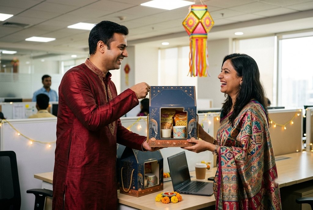 A colleague in a kurta handing a navy elephant hamper box to a smiling colleague in an office decorated for Diwali