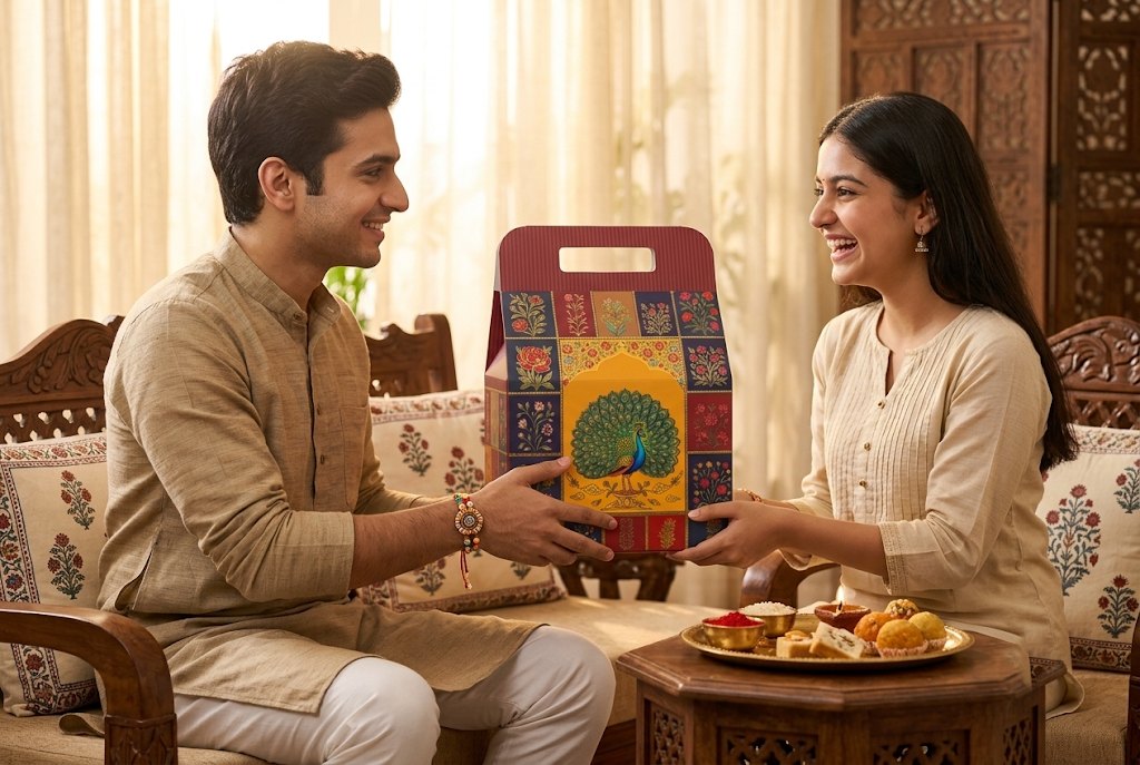 A brother wearing a rakhi giving a peacock tile hamper box to his laughing sister