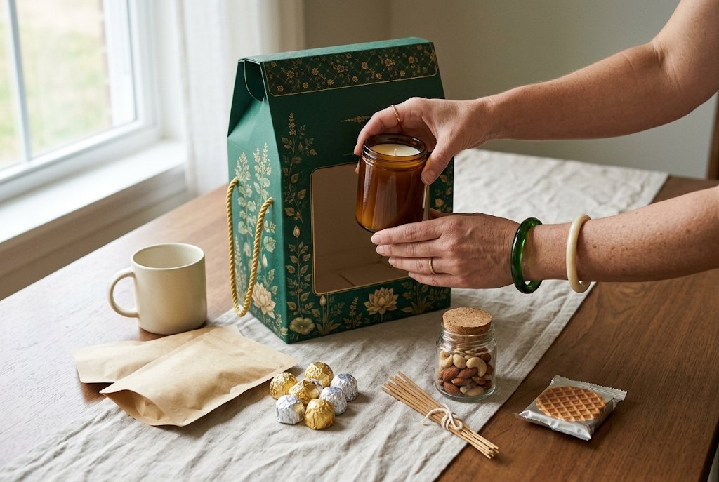 Hands lifting a candle out of an emerald hamper box, with a mug, snack pouches, chocolates, dry fruits, incense and waffles on the table