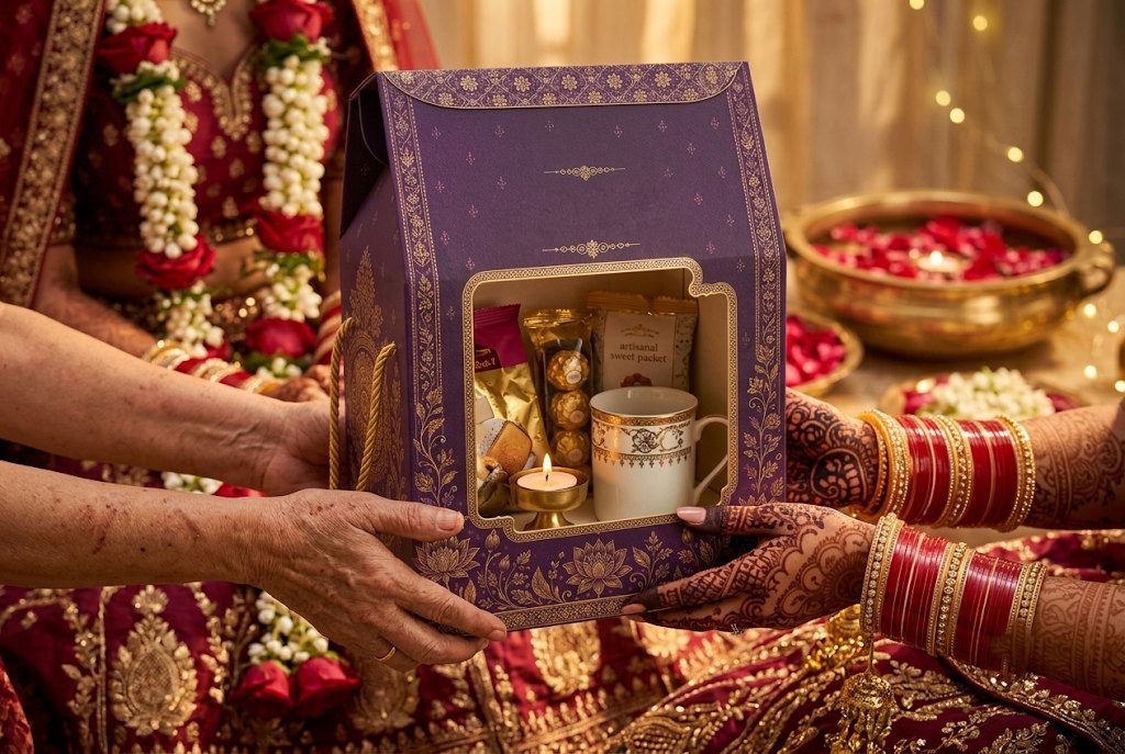 A bride with mehendi and red bangles receiving a purple and gold hamper box from an elder
