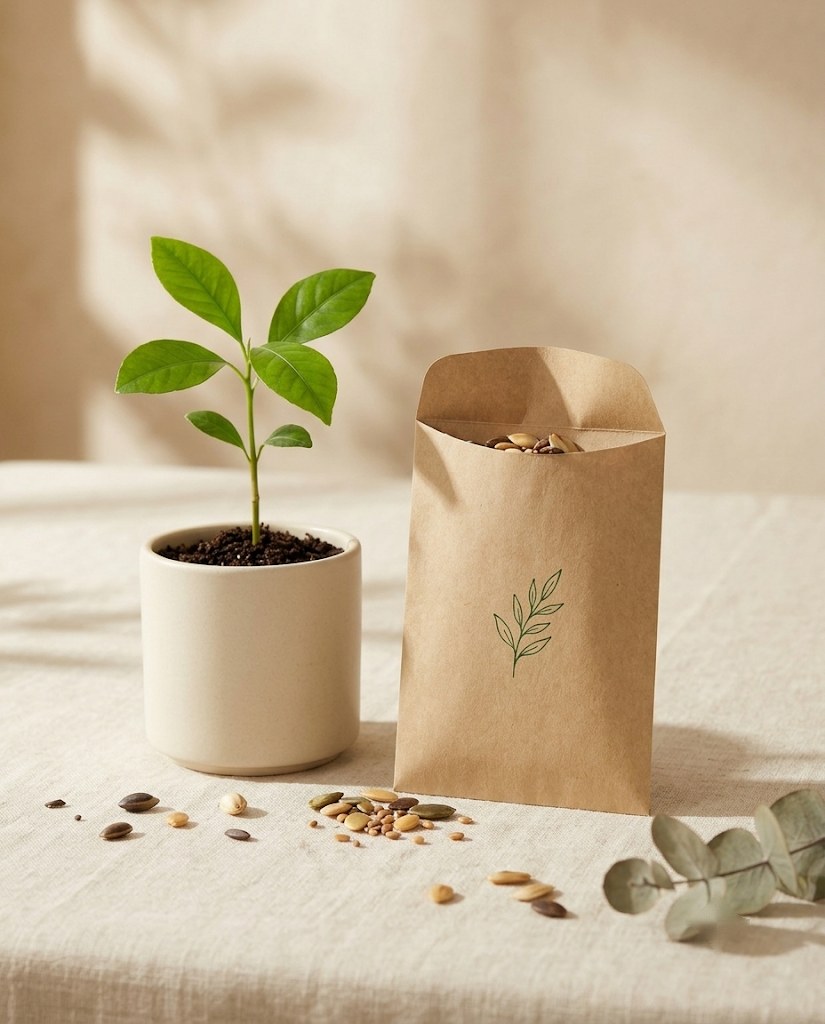 A blank kraft seed packet spilling seeds onto ivory linen beside a young seedling in a small ivory ceramic pot, in soft morning light