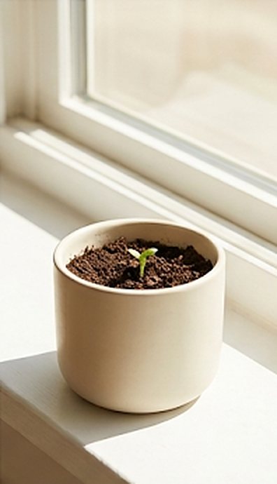 The pot on a sunny windowsill with a tiny sprout