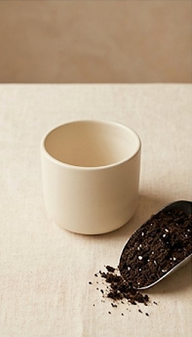 An empty ivory pot beside a scoop of potting soil