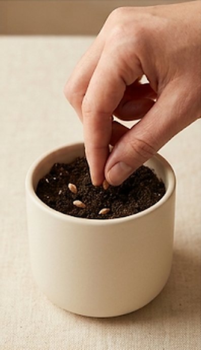A hand pressing seeds into the soil