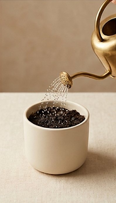 A brass watering can sprinkling water over the pot