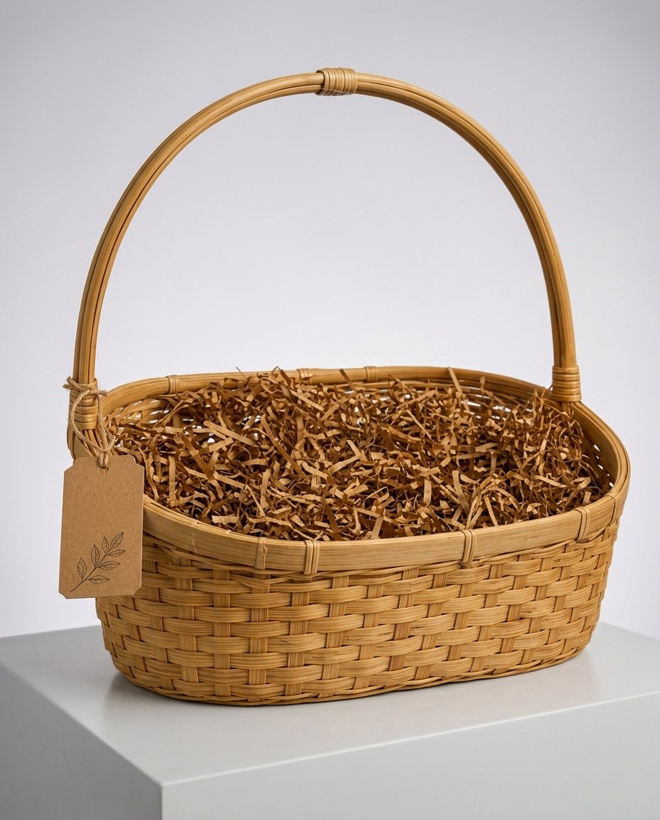 Round wicker basket with a tall handle, paper shred filler and a kraft tag
