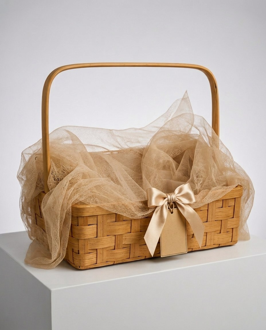 Rectangular wicker basket lined with beige tulle, tied with a satin bow and a blank tag