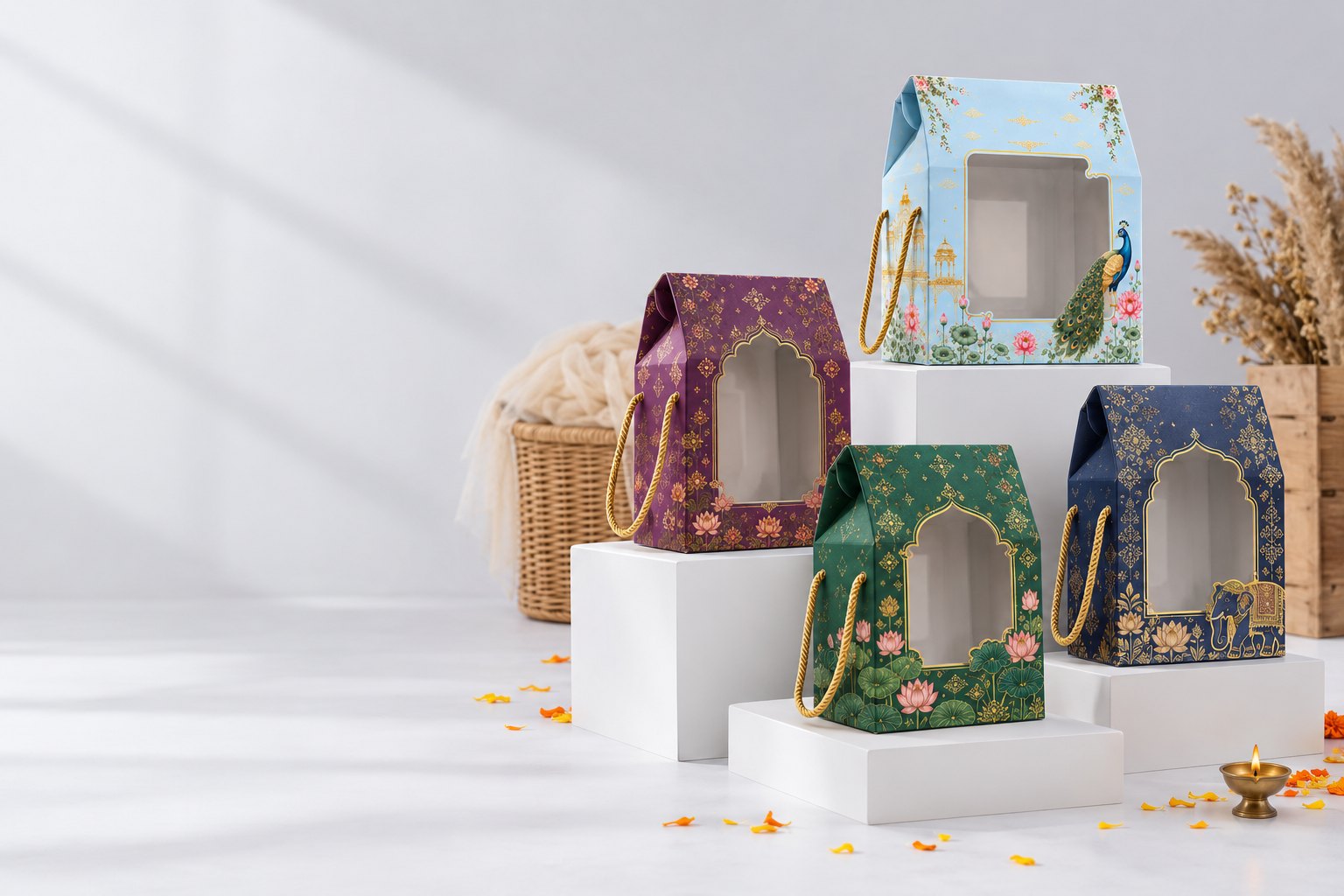 Four window gift boxes in pastel blue, plum, green and navy with gold rope handles on white stepped plinths, beside a wicker basket, dried pampas, marigold petals and a lit brass diya
