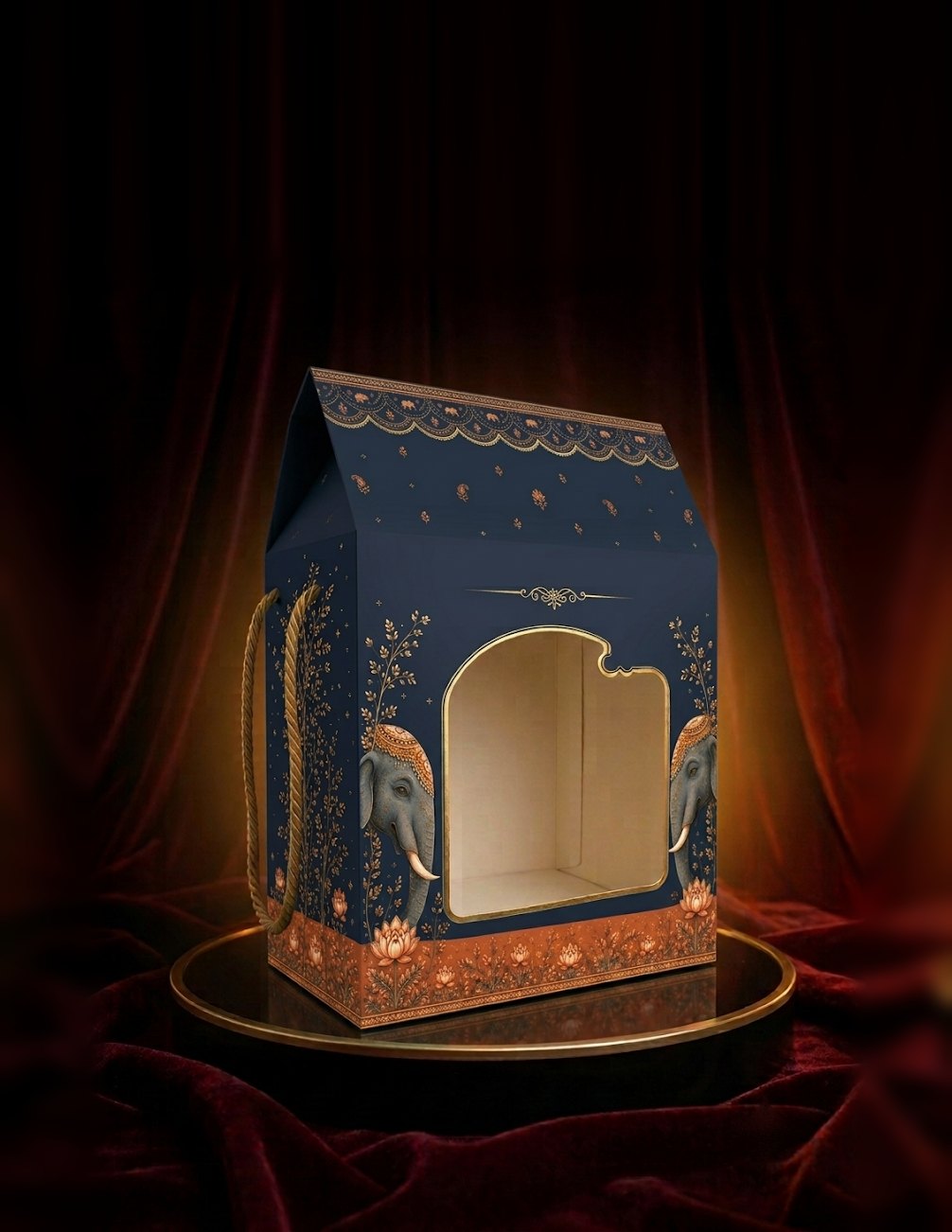 Midnight elephant window gift box on a black lacquer pedestal, lit by warm candlelight against burgundy velvet