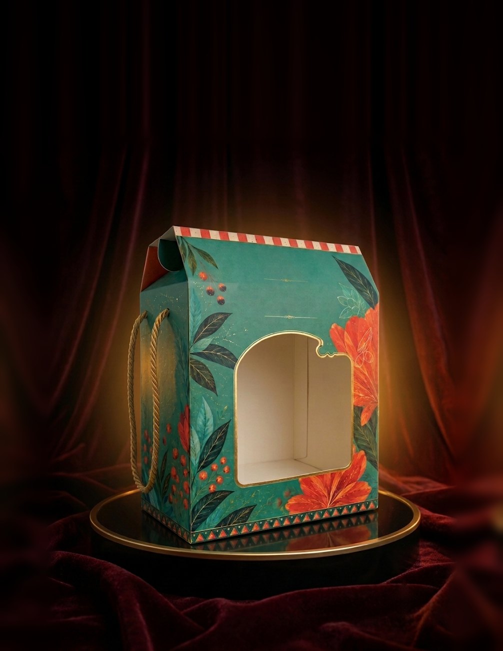 Teal hibiscus window gift box on a black lacquer pedestal, lit by warm candlelight against burgundy velvet