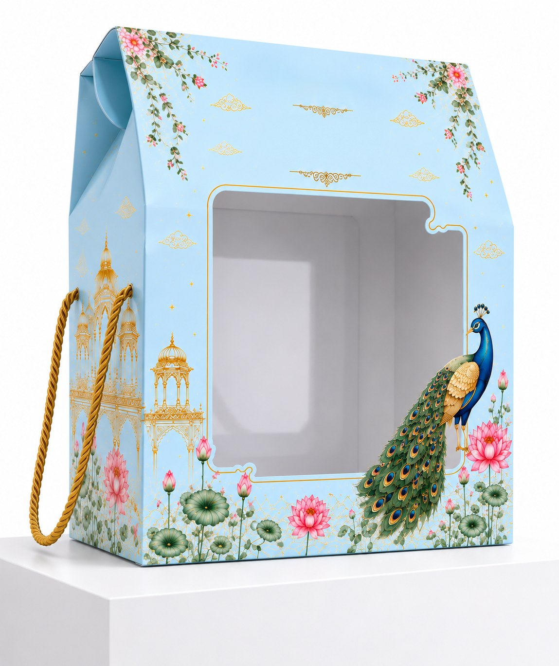 Tall window gift box in pastel blue with a peacock artwork