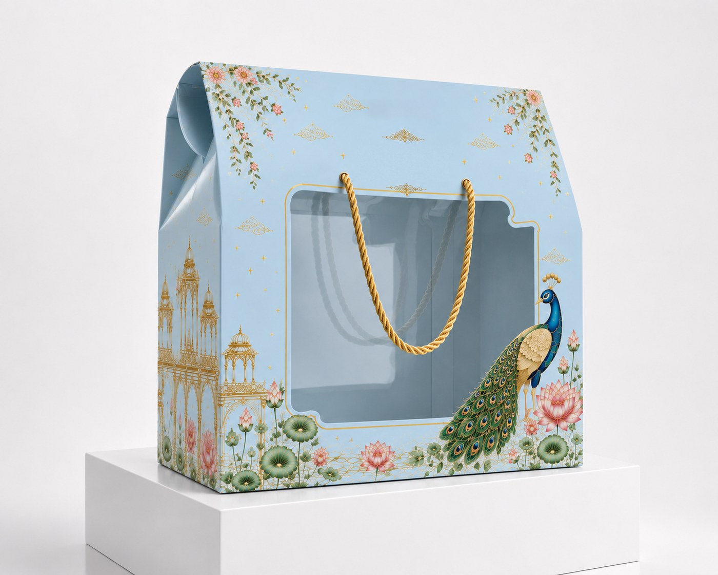 Window gift box in pastel blue with a peacock and palace artwork on a white plinth